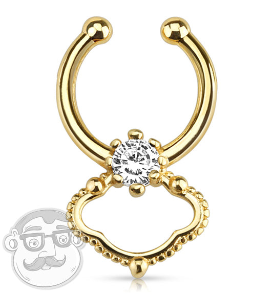 Gold Plated Stainless Steel Fake Septum Ring Hanger With Clear CZ Diamond