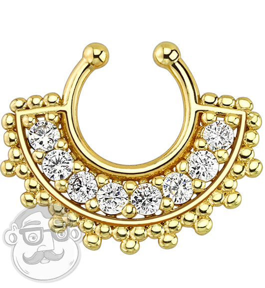 Gold With Clear Gem Tribal Fan Fake Septum Ring Hanger