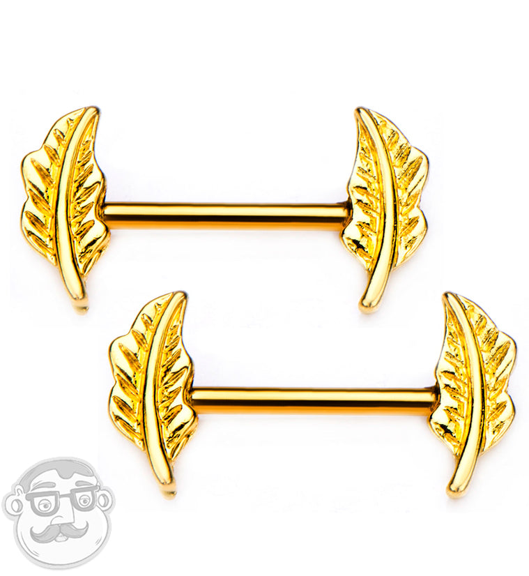 14G Gold PVD Feather Nipple Ring Barbell