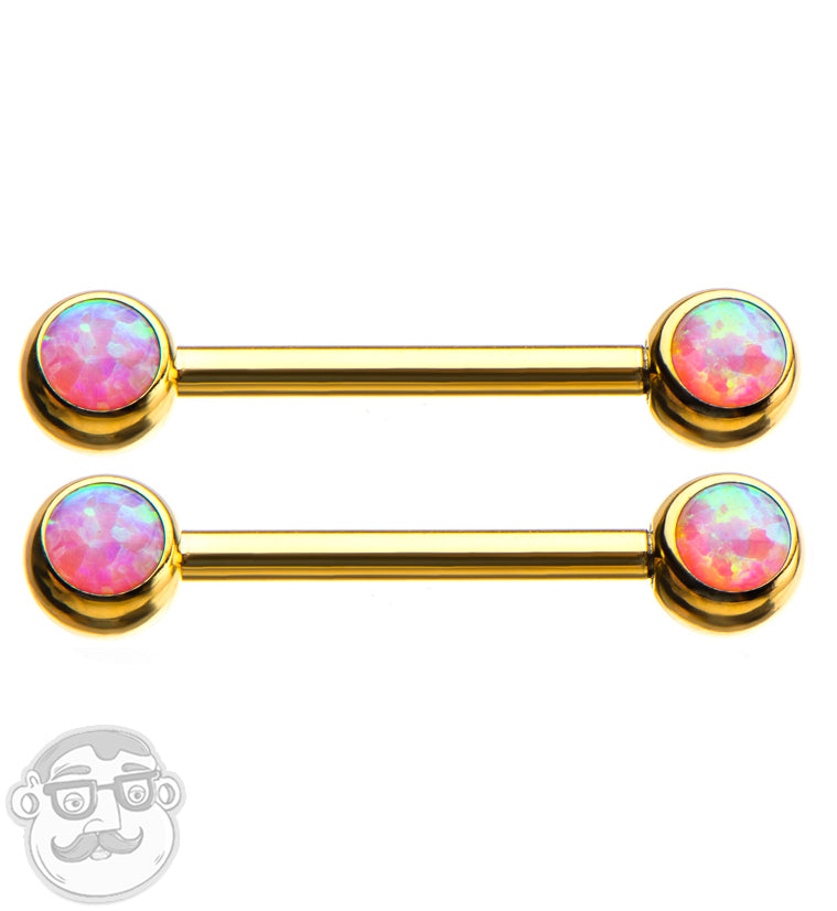 14G Pink Opalite Gold PVD Nipple Ring Barbell