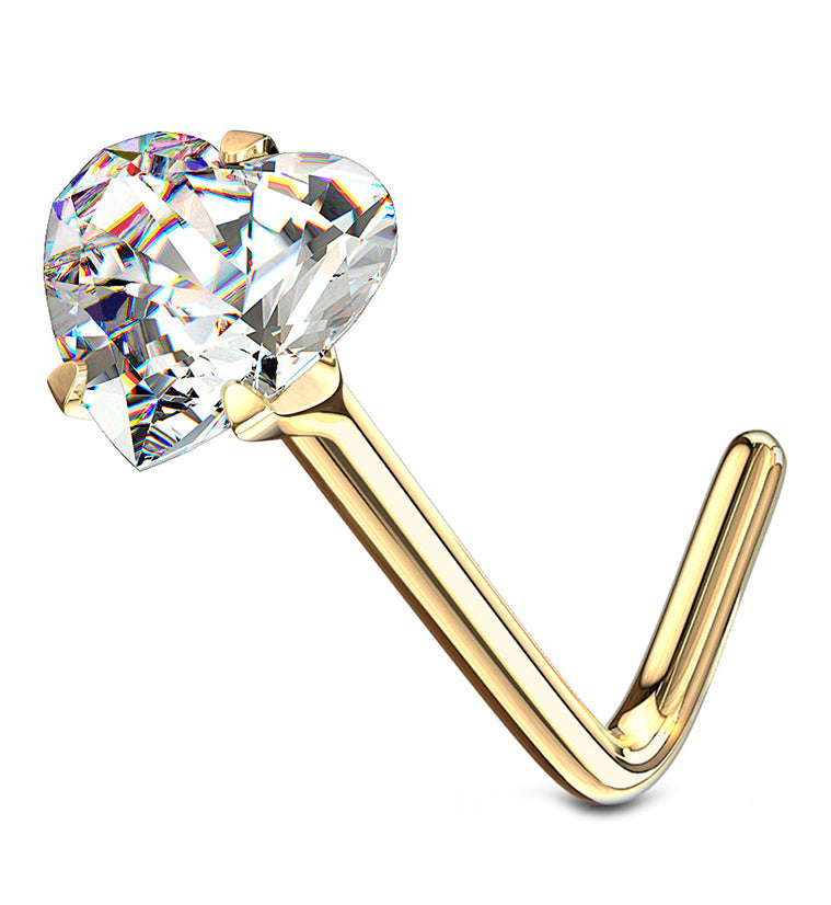 14kt Gold Clear Heart CZ L Bend Nose Ring