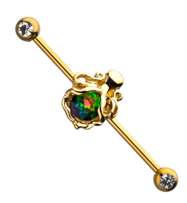 Gold PVD Octopus Rainbow CZ Industrial Barbell