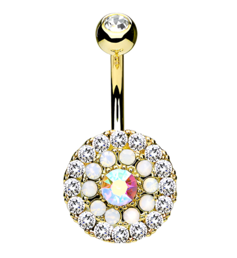 Gold PVD Rainbow Aurora CZ & Opal Disk Belly Button Ring