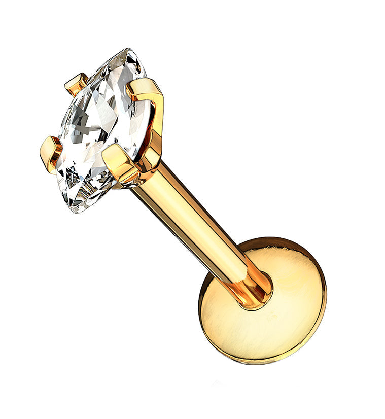 Gold PVD Oval CZ Prong Internally Threaded Labret