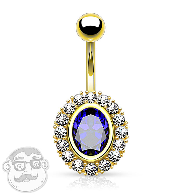 Gold Plated Oval Blue CZ Rim Single CZ Belly Button Ring