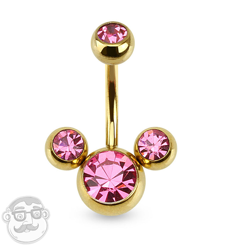 Gold PVD Pink Trinity CZ Belly Button Ring
