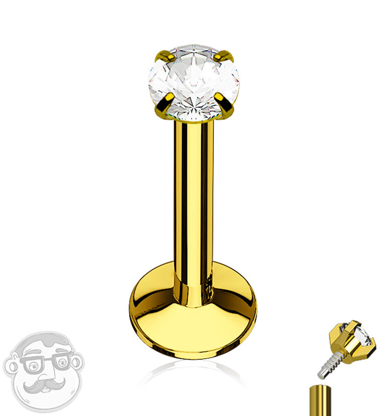 Gold PVD CZ Prong Top Internally Threaded Labret