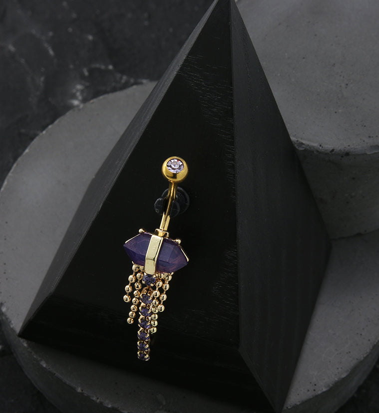 Gold PVD Amethyst Crystal Bead Chain Stainless Steel Belly Button Ring