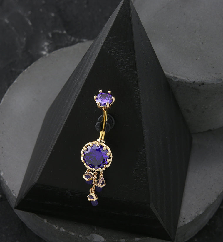Gold PVD Amethyst Crystal Dangle Stainless Steel Belly Button Ring