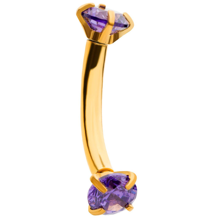 Gold PVD Amethyst CZ Prong Set Stainless Steel Curved Barbell