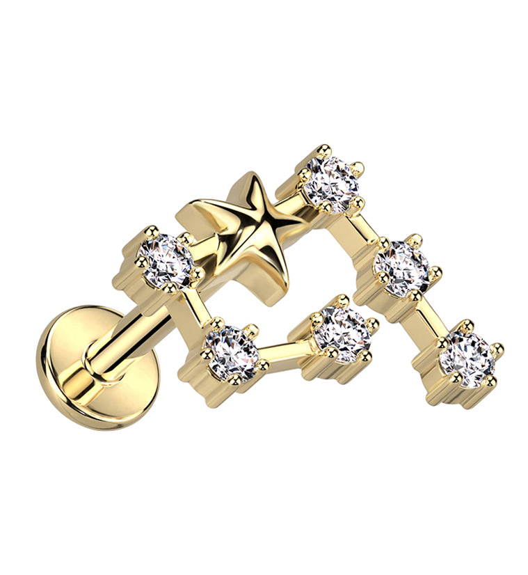 Gold PVD Aquarius Constellation Clear CZ Stainless Steel Internally Threaded Labret