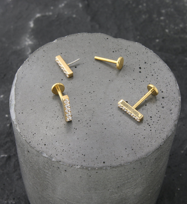 Gold PVD Bar Clear CZ Titanium Threadless Labret