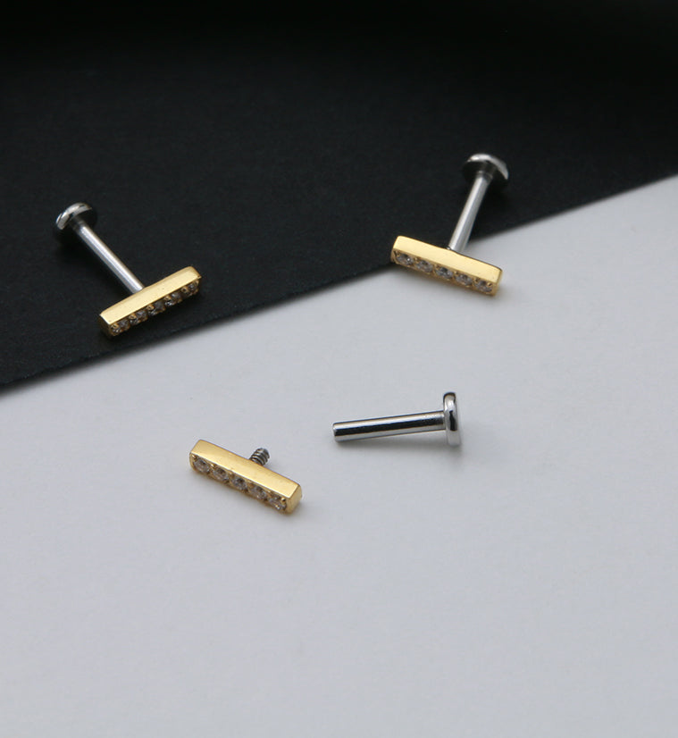 Gold PVD Bar Top Prong Set CZ Labret Post