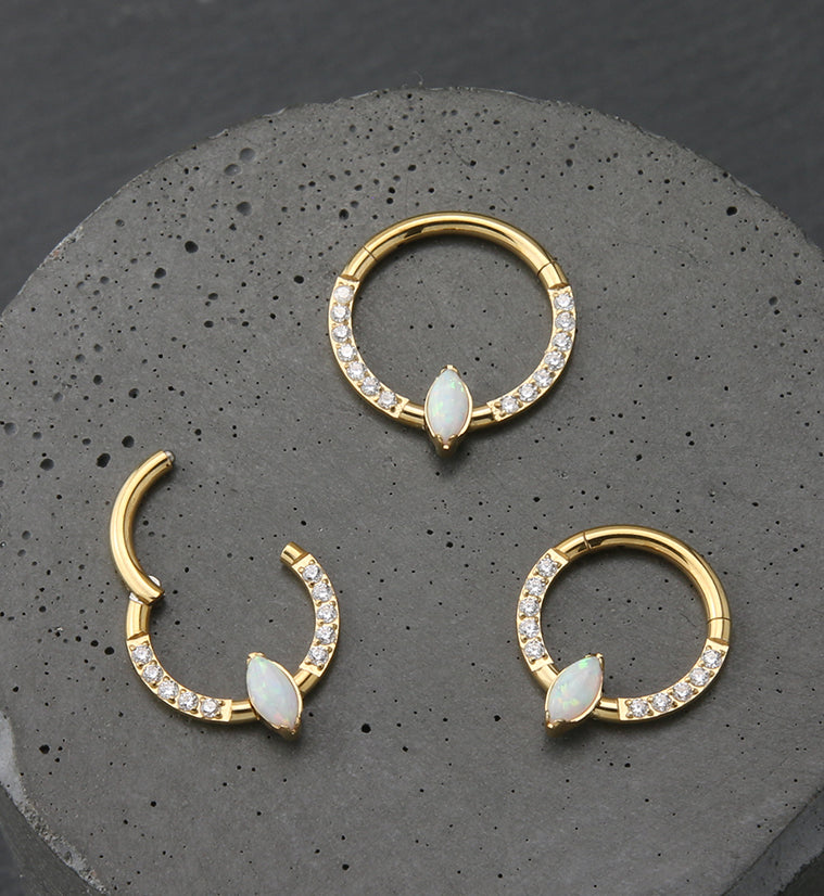 Gold PVD Bauble White Opalite Clear CZ Titanium Hinged Segment Ring