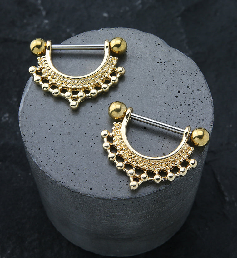 Gold PVD Beaded Crown Nipple Ring Barbell