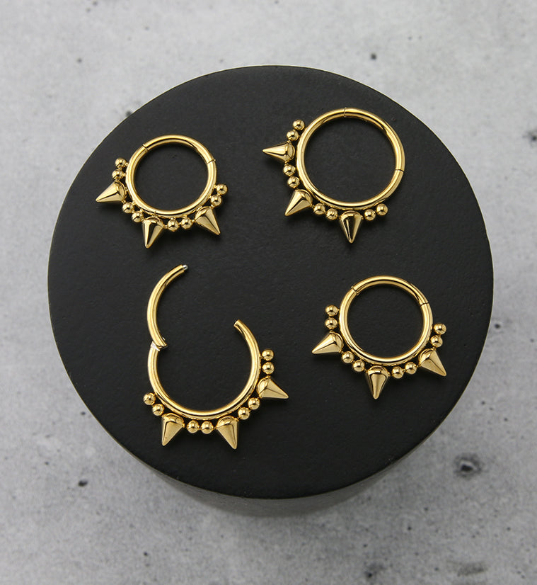 Gold PVD Beaded Mini Spike Stainless Steel Hinged Segment Ring