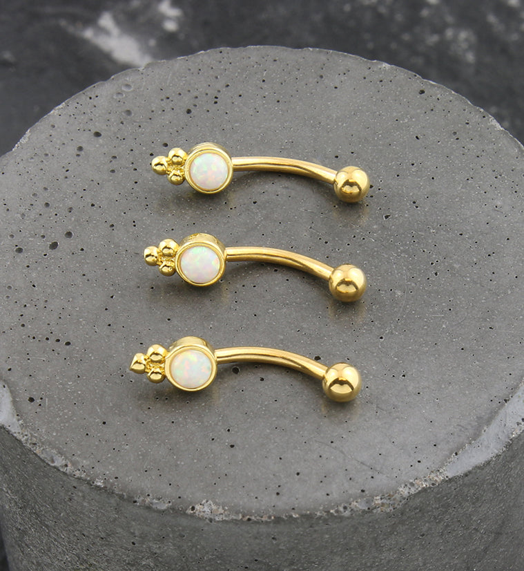 Gold PVD Beaded White Opalite Stainless Steel Curved Barbell