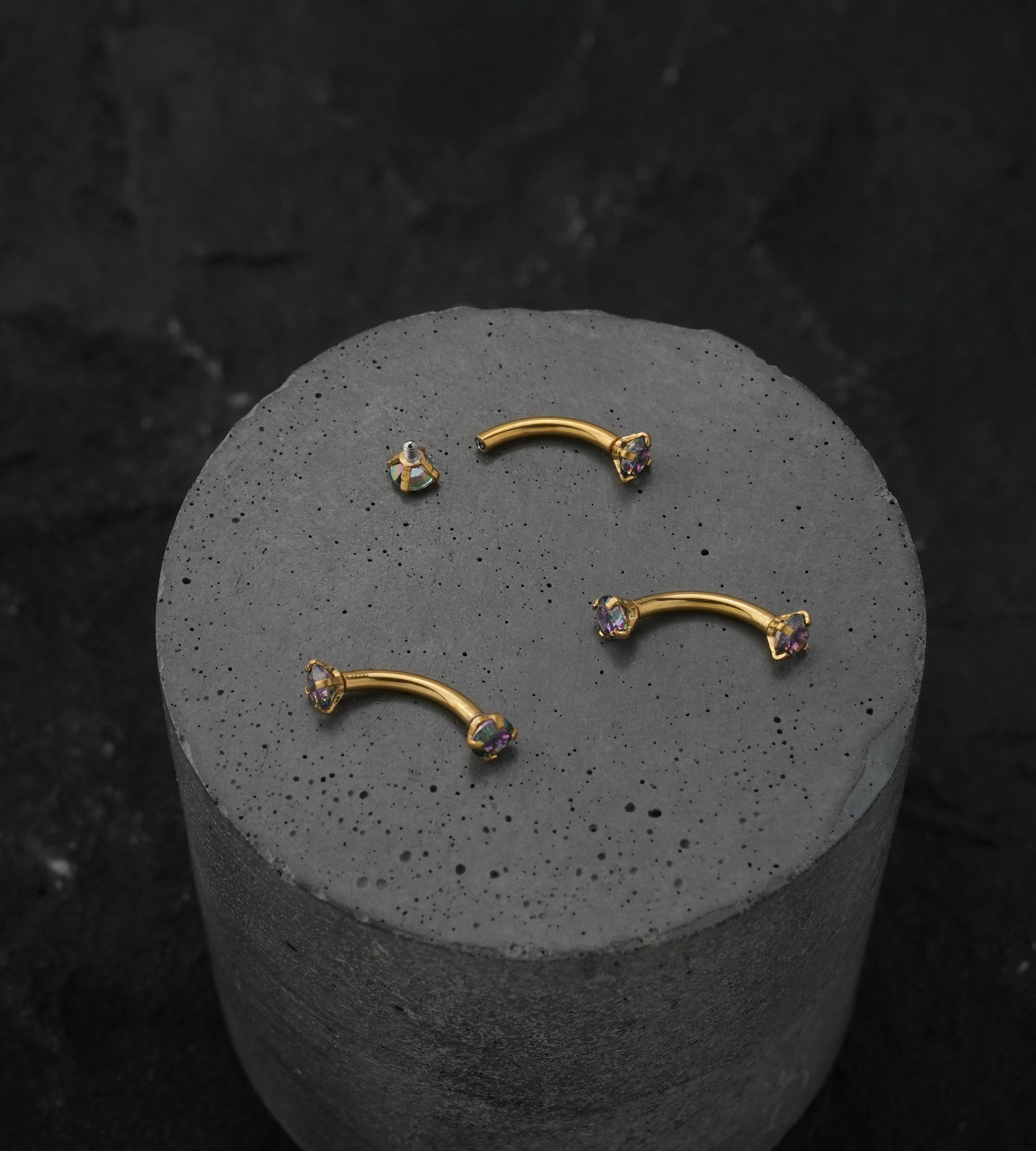 Gold PVD Black Aurora CZ Prong Set Stainless Steel Curved Barbell