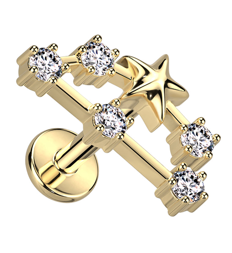 Gold PVD Capricorn Constellation Clear CZ Stainless Steel Internally Threaded Labret
