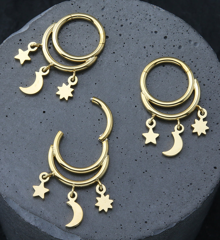 Gold PVD Celestial Dangle Stainless Steel Hinged Segment Ring