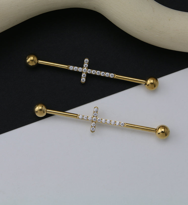 Gold PVD Center CZ Cross Titanium Industrial Barbell