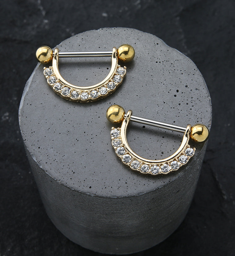 Gold PVD Clear CZ Row Nipple Ring Barbell