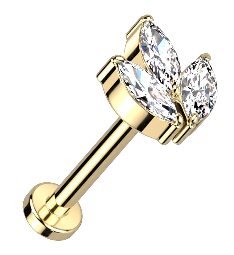 Gold PVD Clear CZ Tri Sepal Titanium Threadless Labret