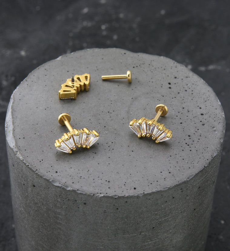 Gold PVD Crest Baguette Clear CZ Stainless Steel Internally Threaded Labret