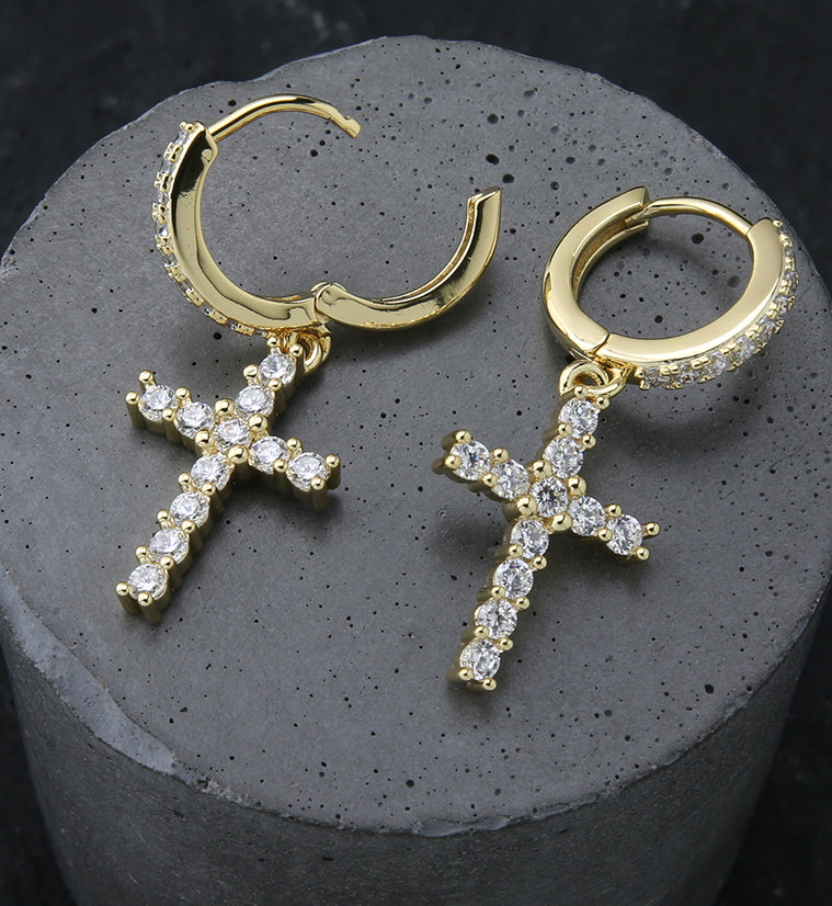 Gold PVD Cross CZ Stainless Steel Hoop Earrings