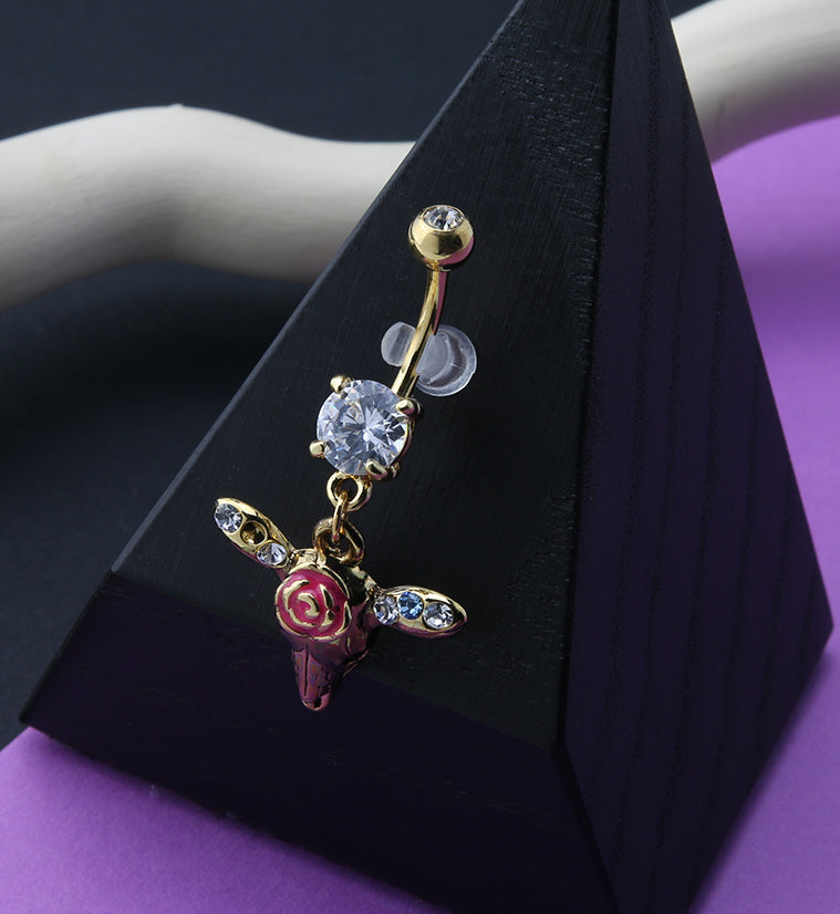 Gold PVD Cow Skull Dangle Chain Belly Button Ring