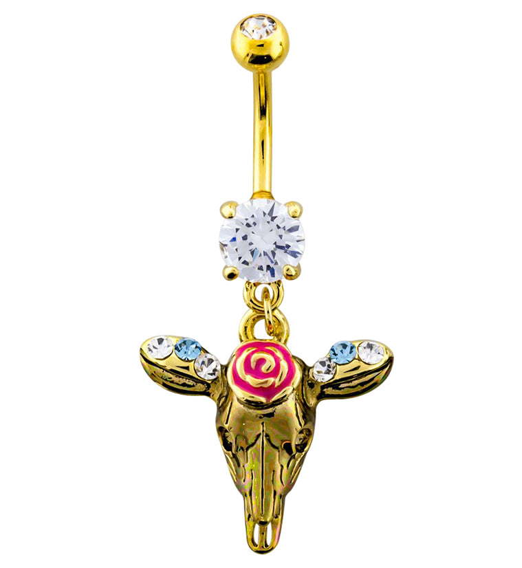 Gold PVD Cow Skull Dangle Chain Belly Button Ring