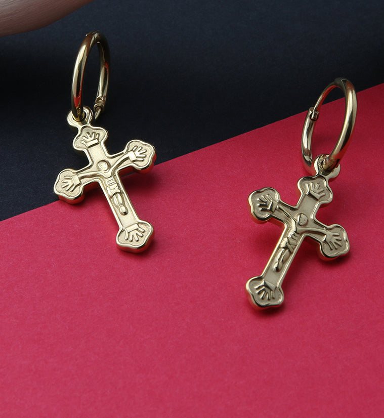 Gold PVD Dangle Cross Stainless Steel Earrings