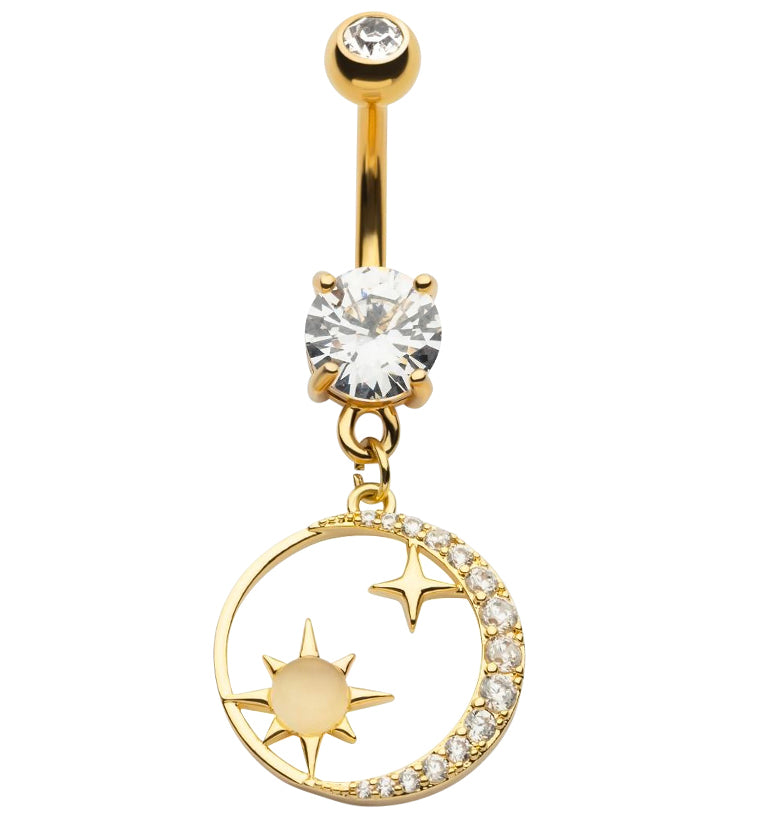 Gold PVD Day And Night Clear CZ White Opalite Dangle Belly Button Ring