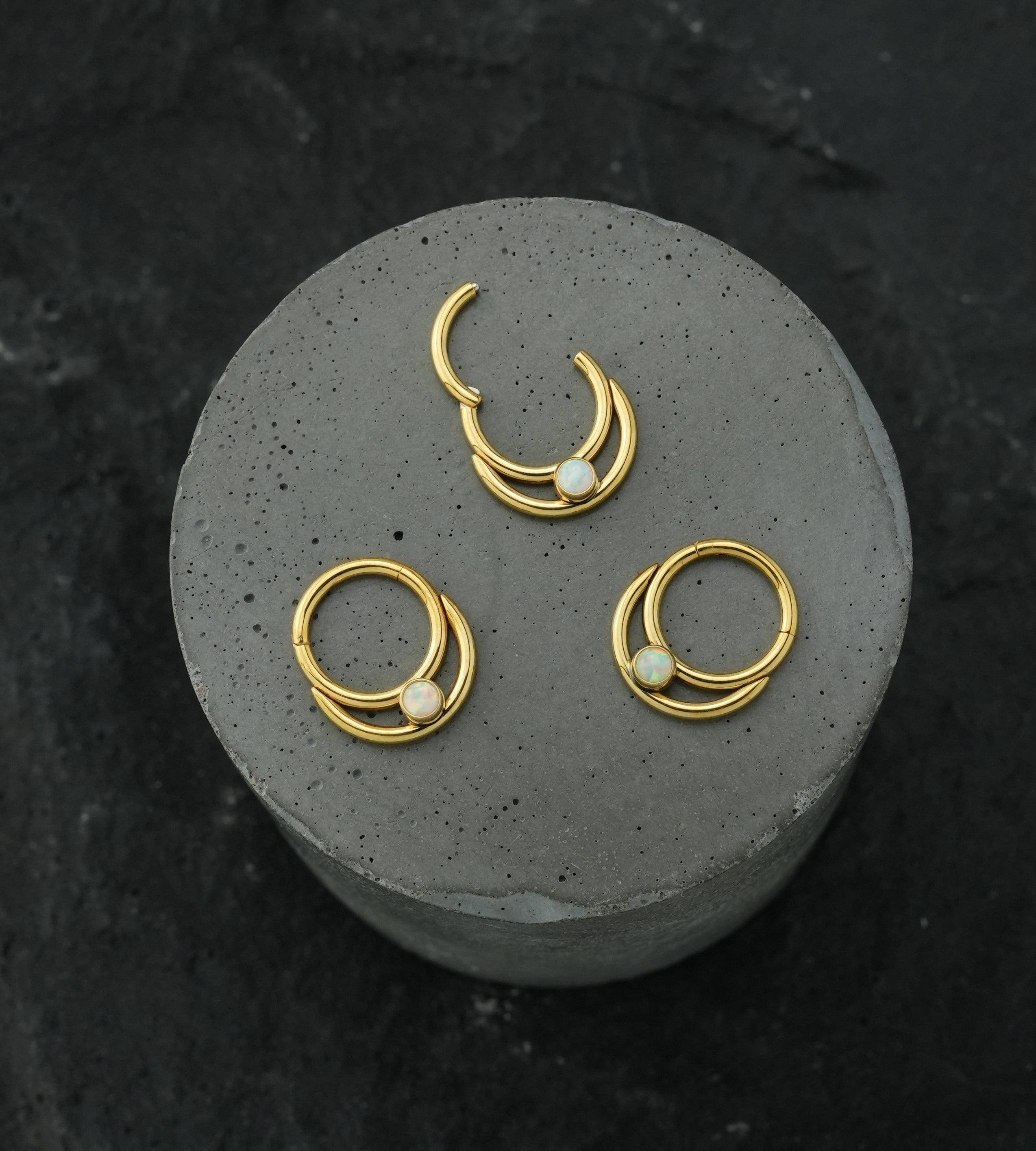 Gold PVD Double Hoop Bezel White Opalite Stainless Steel Hinged Segment Ring