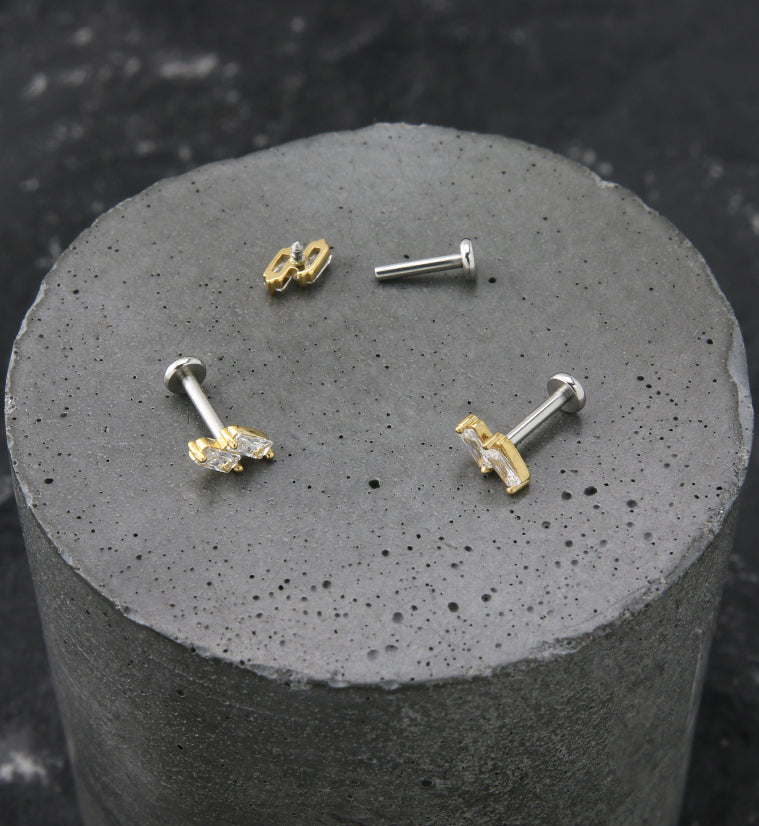 Gold PVD Double Slant Clear CZ Stainless Steel Internally Threaded Labret