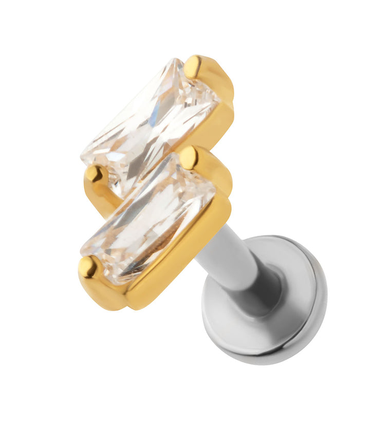 Gold PVD Double Slant Clear CZ Stainless Steel Internally Threaded Labret