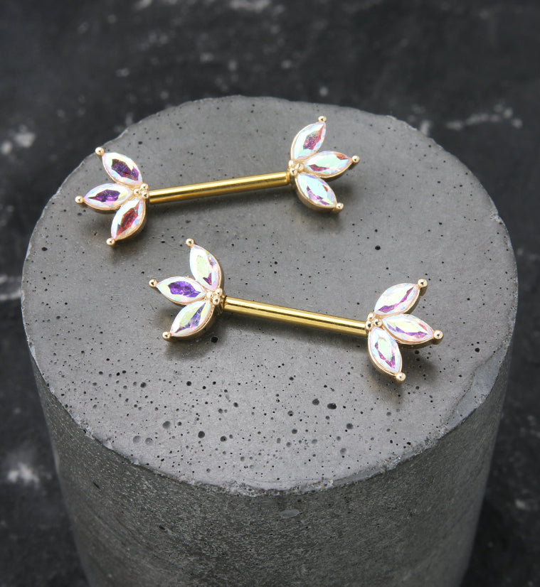 Gold PVD Empress Rainbow Aurora CZ Stainless Steel Nipple Barbell