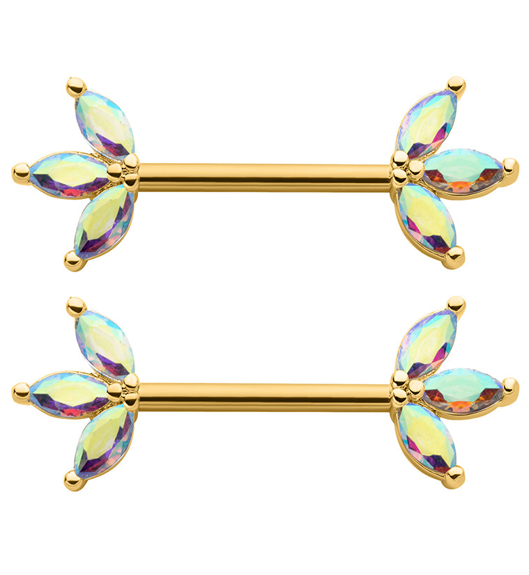 Gold PVD Empress Rainbow Aurora CZ Stainless Steel Nipple Barbell