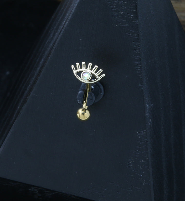 Gold PVD Evil Eye Rainbow Aurora CZ Curved Barbell