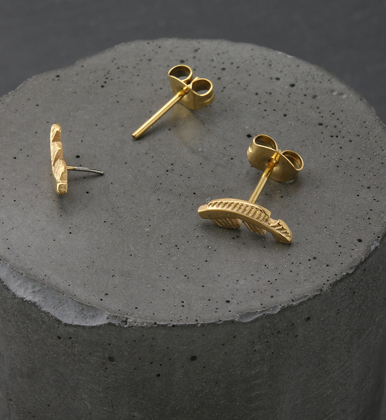 Gold PVD Feather Titanium Threadless Earrings