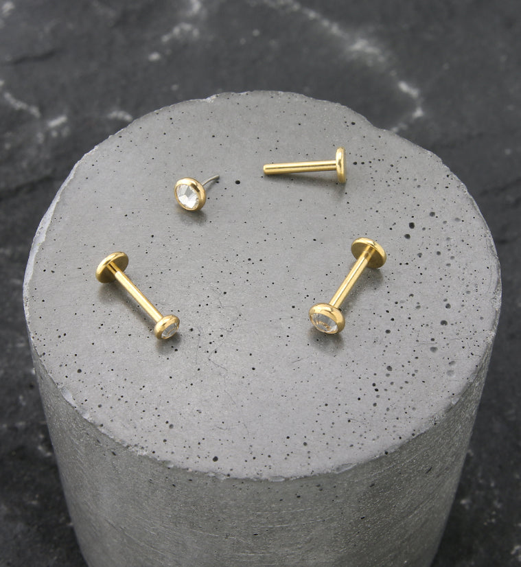 Gold PVD Flat Clear CZ Titanium Threadless Labret