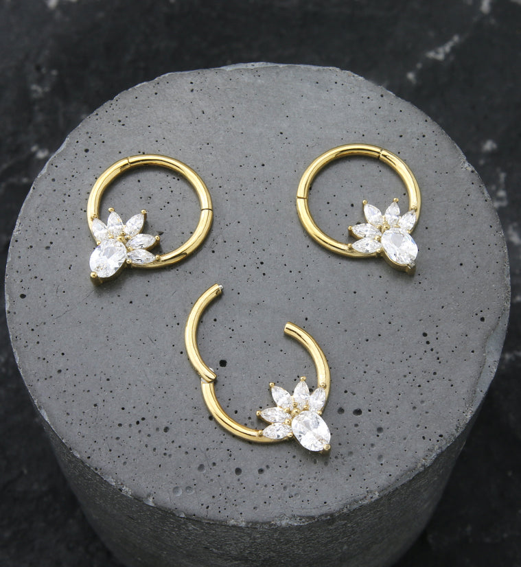 Gold PVD Flower Marquise Clear CZ Stainless Steel Hinged Segment Ring