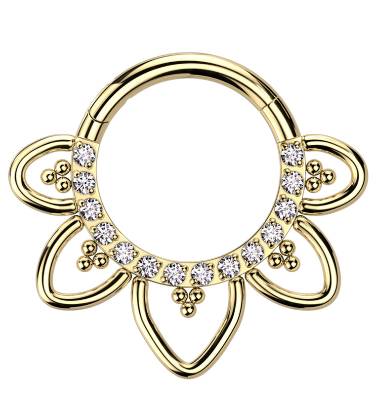 Gold PVD Flower Trace Clear CZ Titanium Hinged Segment Ring