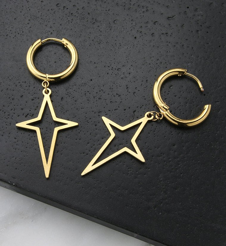 Gold PVD Four Point Star Stainless Steel Hinged Earrings