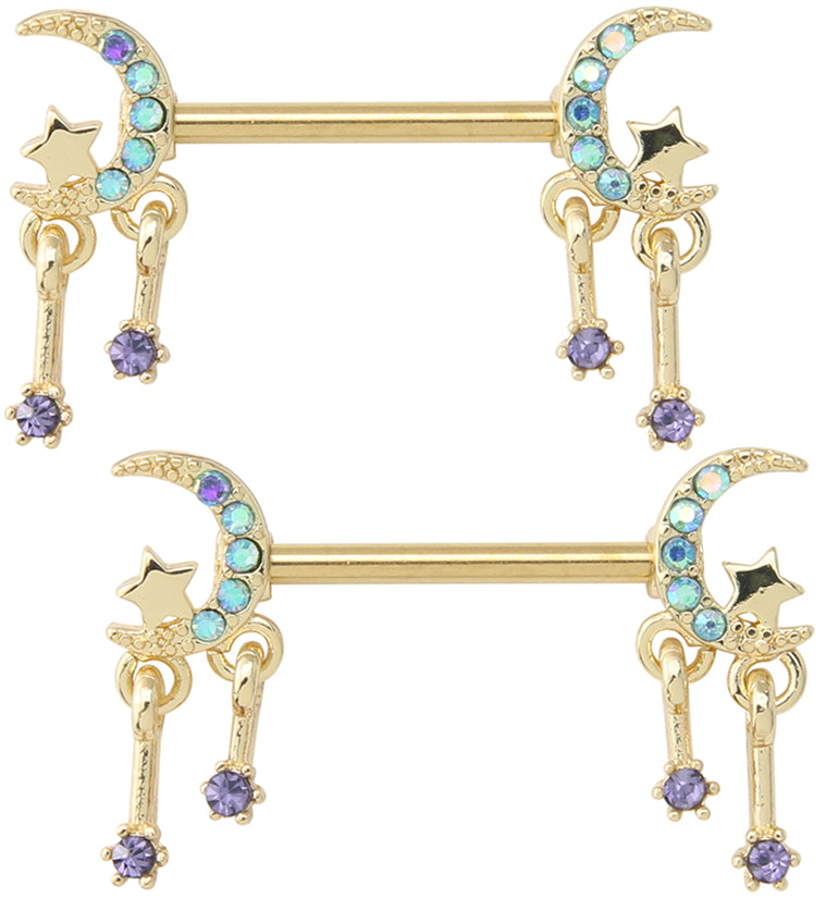 Gold PVD Half Moon Dangle Star Blue Aurora CZ Stainless Steel Nipple Barbell