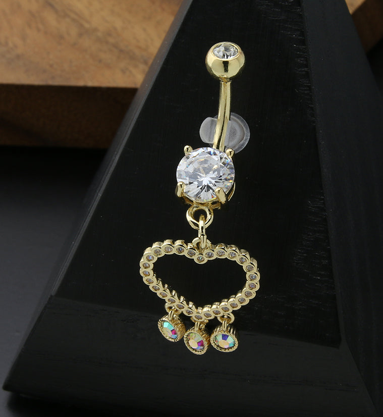 Gold PVD Heart Dangle Rainbow Aurora CZ Trio Stainless Steel Belly Button Ring