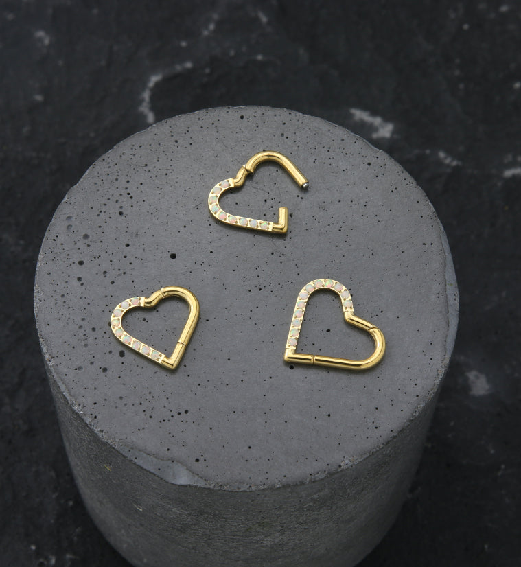 Gold PVD Heart Half Lined White Opalite Titanium Hinged Segment Ring