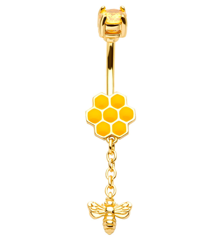 Gold PVD Honeycomb Bee Yellow CZ Stainless Steel Belly Button Ring
