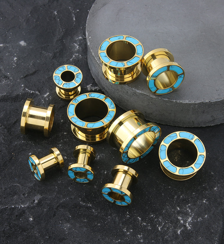 Gold PVD Howlite Turquoise Rim Stainless Steel Tunnel Plugs