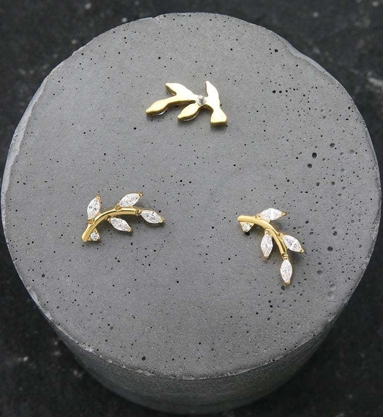 Gold PVD Leaf Clear CZ Internally Threaded Titanium Top